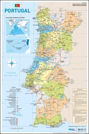 Mapa de Portugal Escolar - 2 Faces (27 x 40,5 cm) - Folha Plastificada